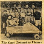 1955, Rudgwick Scouts reach semi-finals of the soapbox derby in Morecambe, driver of 'The Gnat' Ean Clarke. others were Ken Richards and Mel Reynolds (scoutmasters Messrs Matthews and Durrant)